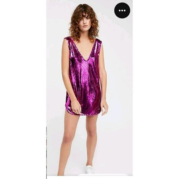 Free People Intimately Embellished Sequin Shift Slip Fuchsia Silver Dress Sz XS - Picture 6 of 6